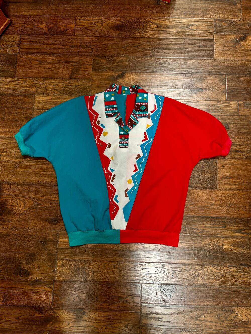 Vintage Color Block Blouse - Southwestern Dolman Sleeve Pullover - Large